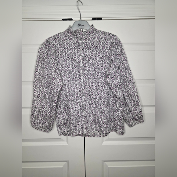 GAP Tops - GAP Womens M Puff Sleeve Ruffle Neck Ivory Paisley Button Down Top